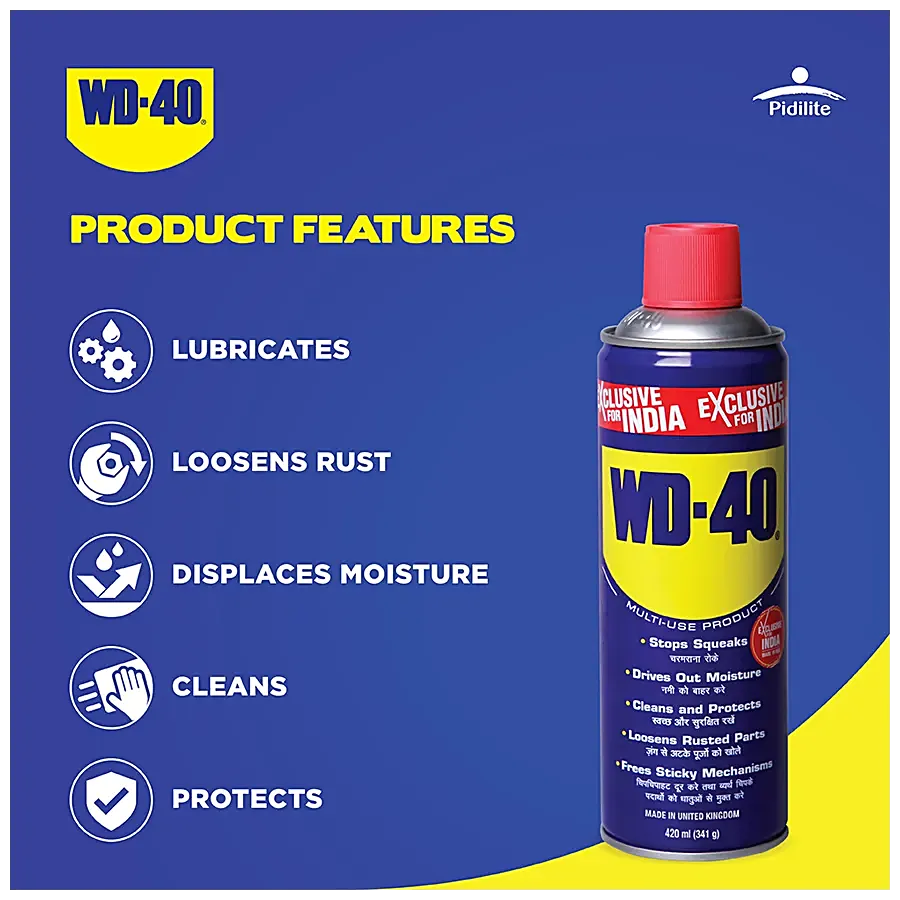 Pidilite WD-40, Multipurpose Spray, Lubricant, Rust Remover, Squeak Noise Remover, Stain Remover, and Cleaning Agent - 63.8g