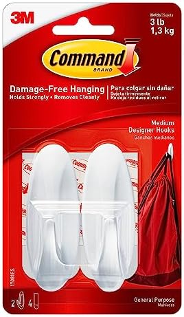 3M Command Plastic Medium Designer Wall Hooks, Upto 1.3Kg Heavy Duty, Hold Strongly, Reusable Adhesive Hooks For Wall, Multi-Surface Damage Free Hooks For Hanging (White , 2 Hooks, 4 Strips)