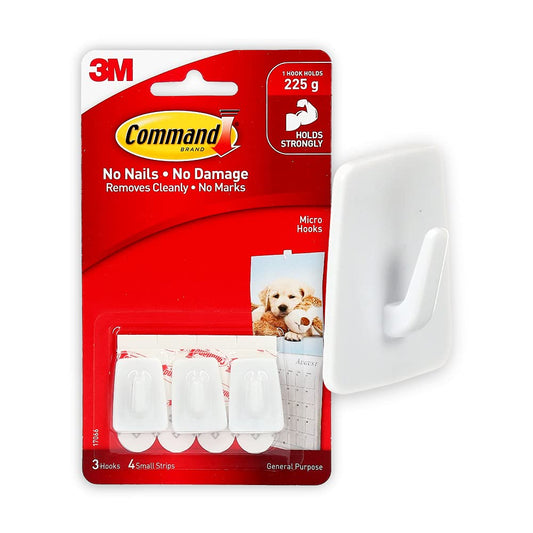 Command Micro Plastic, Multifunctional Self Adhesive Plastic Hooks for walls, pack of 3 hooks, 4 strips, Damage-Free Hanging, Holds Strongly upto 225 gms, White