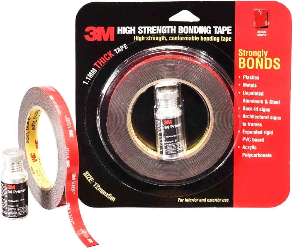 3M High Strength Double Side Bonding Tape for Plastic, Metal, Interior & Exterior Use, Multiple Surface Acrylic Adhesive (12mmX5m, 1 Roll+Primer)